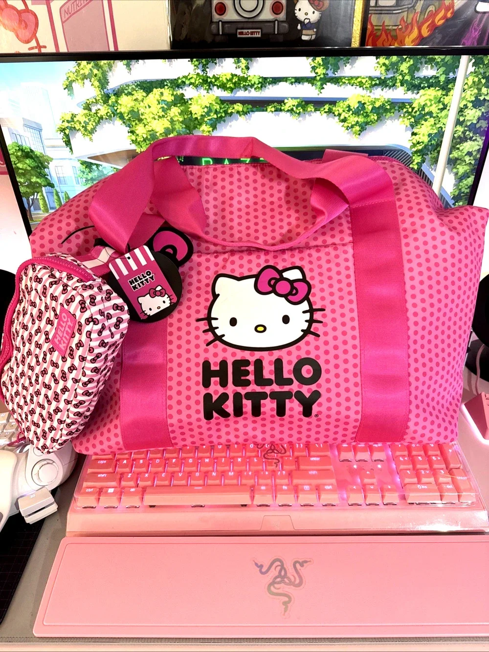 Sanrio Hello Kitty Pink Tote Travel Large Weekender Luggage Hip Bag Tag 3 Piece